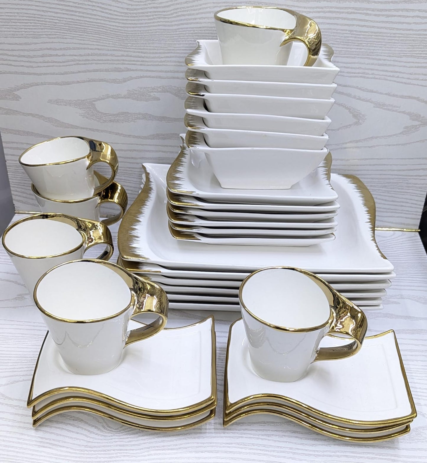 30 Piece Wavy Ceramic White Dinner Set | 6 Dinner Plates, 6 Side Plates, 6 Soup Bowls, 6 Wavy Saucers, 6 Cups | Silver and Gold Accents