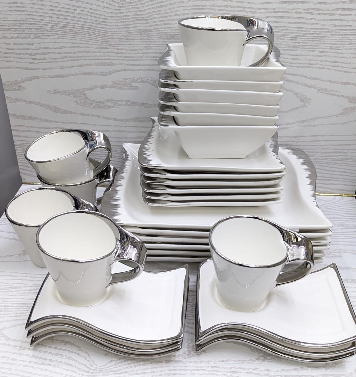 30 Piece Wavy Ceramic White Dinner Set | 6 Dinner Plates, 6 Side Plates, 6 Soup Bowls, 6 Wavy Saucers, 6 Cups | Silver and Gold Accents