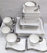 30 Piece Wavy Ceramic White Dinner Set | 6 Dinner Plates, 6 Side Plates, 6 Soup Bowls, 6 Wavy Saucers, 6 Cups | Silver and Gold Accents