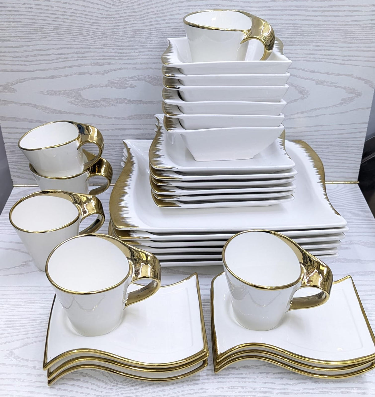 30 Piece Wavy Ceramic White Dinner Set | 6 Dinner Plates, 6 Side Plates, 6 Soup Bowls, 6 Wavy Saucers, 6 Cups | Silver and Gold Accents