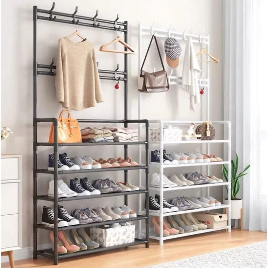 5 Tier Entryway Coat Rack with Shoe Bench & Storage Shelves | Black & White- 169 x 60 x 26 cm