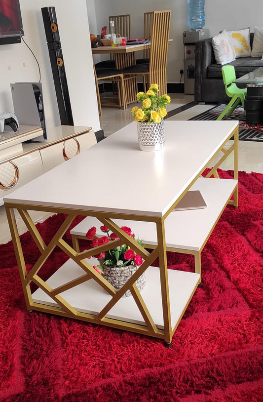 Zippy Elegant Coffee Table | White MDF Tabletop with Golden Legs, 120x60x45cm