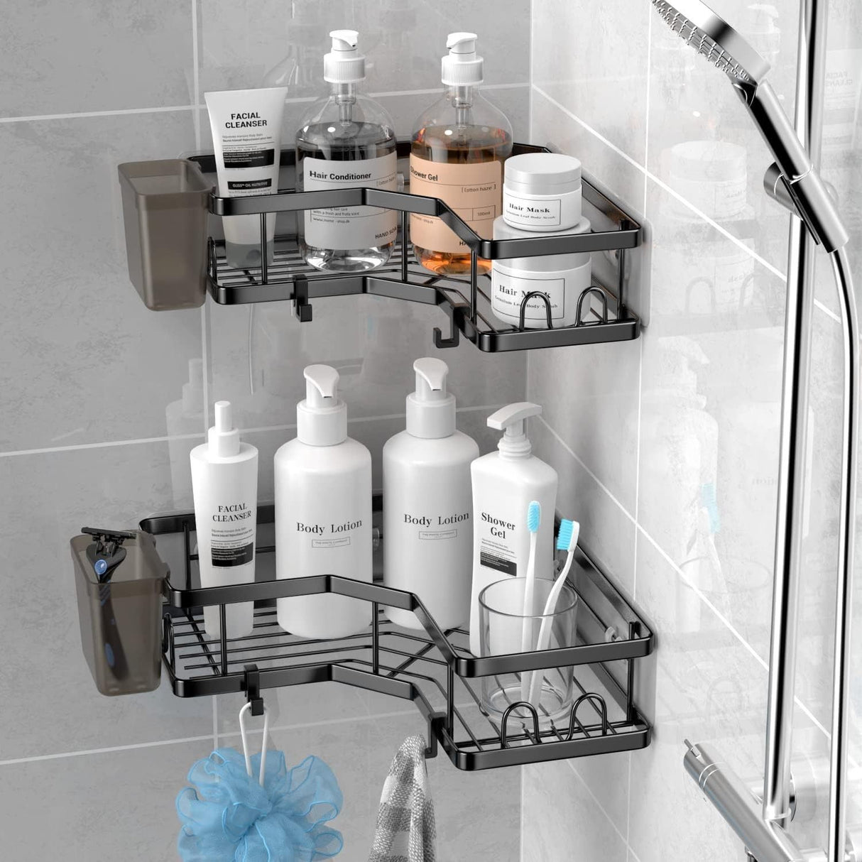 2 Pack Rustproof Shower Caddy Shelf No Drilling, Adhesive Wall Mounted Bathroom Organizer for Smooth Surfaces (Black & White)