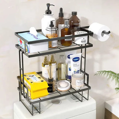 2-Tier Bathroom Storage Organizer – Over-the-Toilet Shelf with Tissue Holder (Available in Black and White)