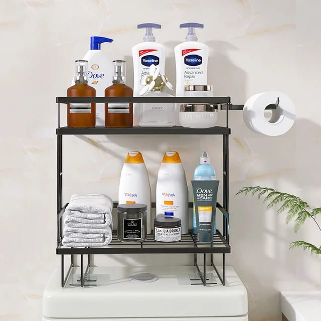 2-Tier Bathroom Storage Organizer – Over-the-Toilet Shelf with Tissue Holder (Available in Black and White)