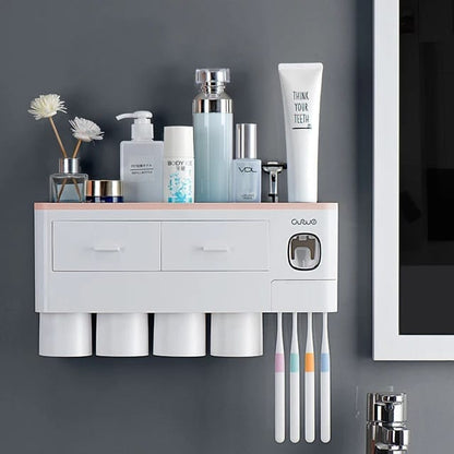 Automatic Toothpaste Dispenser – Wall-Mounted, Punch-Free Installation with Magnetic Suction & Multi-Functional Storage (Grey, Peach, Blue)