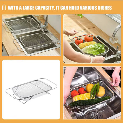 Stainless Steel Expandable Over The Sink Colander Adjustable Strainer Basket for Fruits, Vegetables, and Kitchen Sink Draining