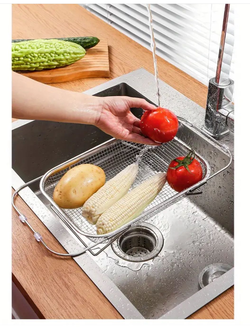 Stainless Steel Expandable Over The Sink Colander Adjustable Strainer Basket for Fruits, Vegetables, and Kitchen Sink Draining