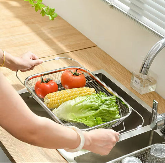 Stainless Steel Expandable Over The Sink Colander Adjustable Strainer Basket for Fruits, Vegetables, and Kitchen Sink Draining