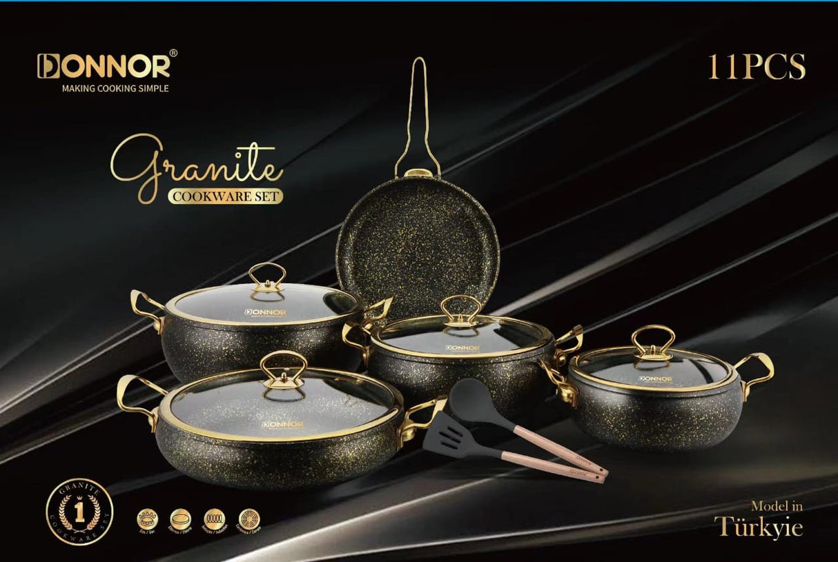 High Quality Heavy Elegant 11pcs Donnor Granite Serving|Cooking Pots Granite Black Gold