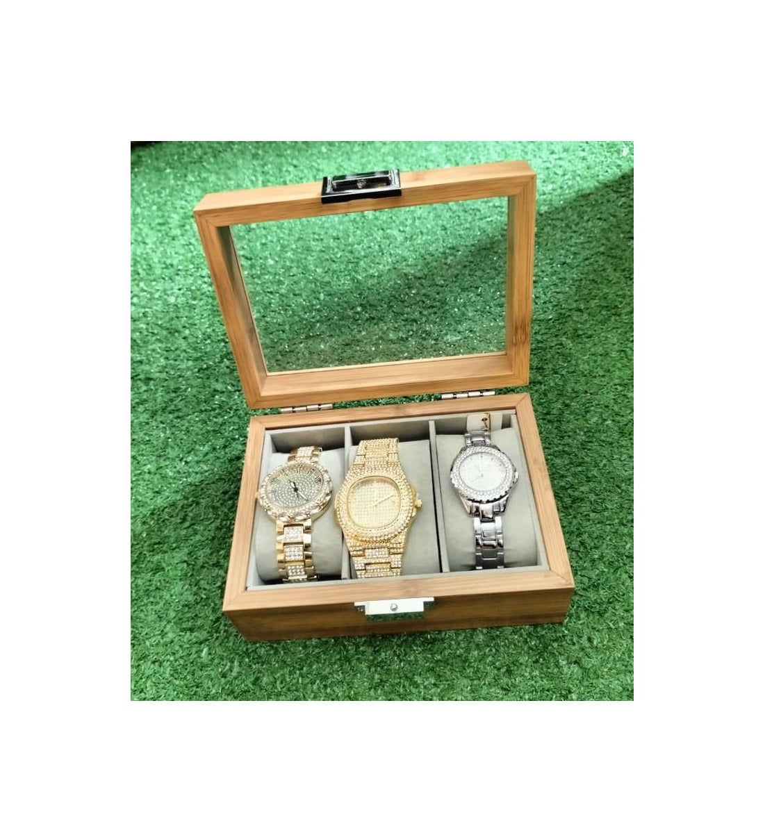 3 Slots Wooden Watch Organizer | Jewelry Display Case with Glass Top for Men and Women (16.5 x 12 x 7.5cm)