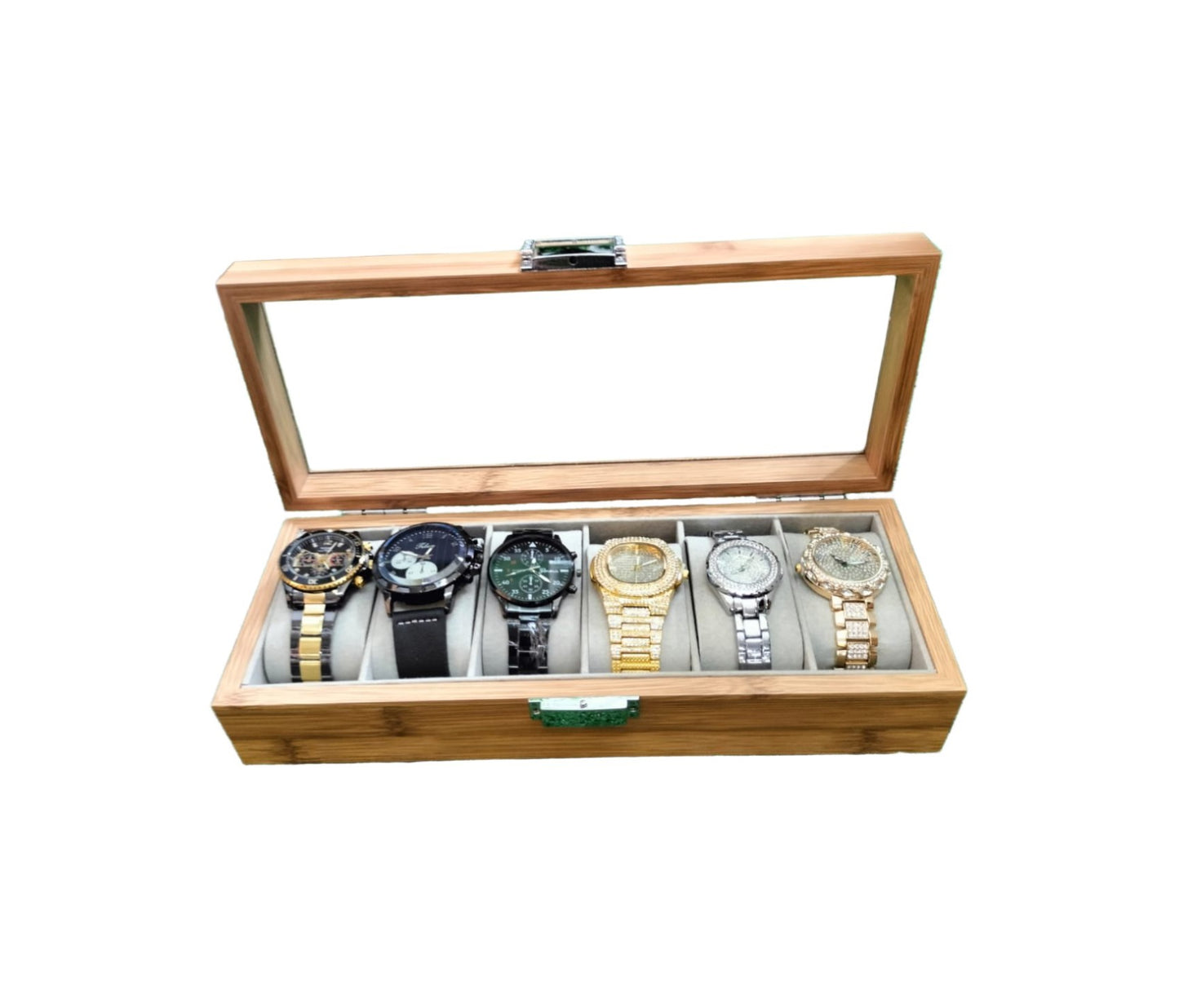 6 Slots Wooden Watch Organizer  | Watch Display Case with Glass Top & Jewelry Organizer for Men and Women (31 x 12 x 7.5cm)