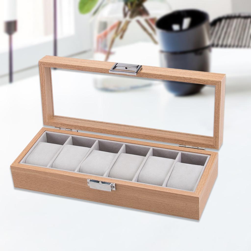 6 Slots Wooden Watch Organizer  | Watch Display Case with Glass Top & Jewelry Organizer for Men and Women (31 x 12 x 7.5cm)