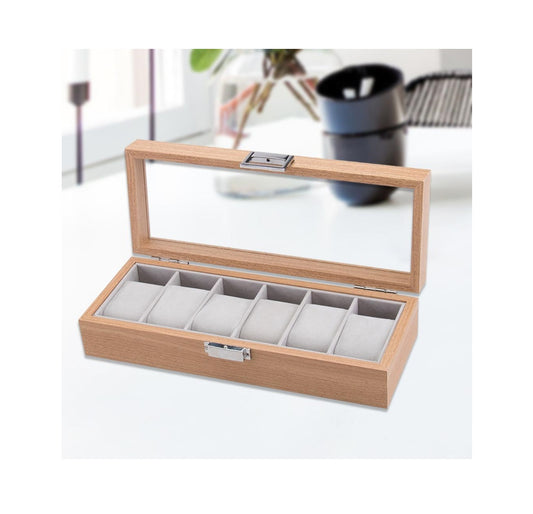 6 Slots Wooden Watch Organizer  | Watch Display Case with Glass Top & Jewelry Organizer for Men and Women (31 x 12 x 7.5cm)