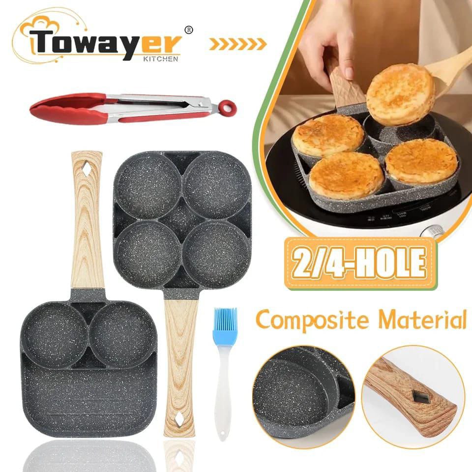 3 & 4 Hole Breakfast Pan Non Stick Frying Pan with Anti Scald Handle, Compatible with Gas & Induction Stoves