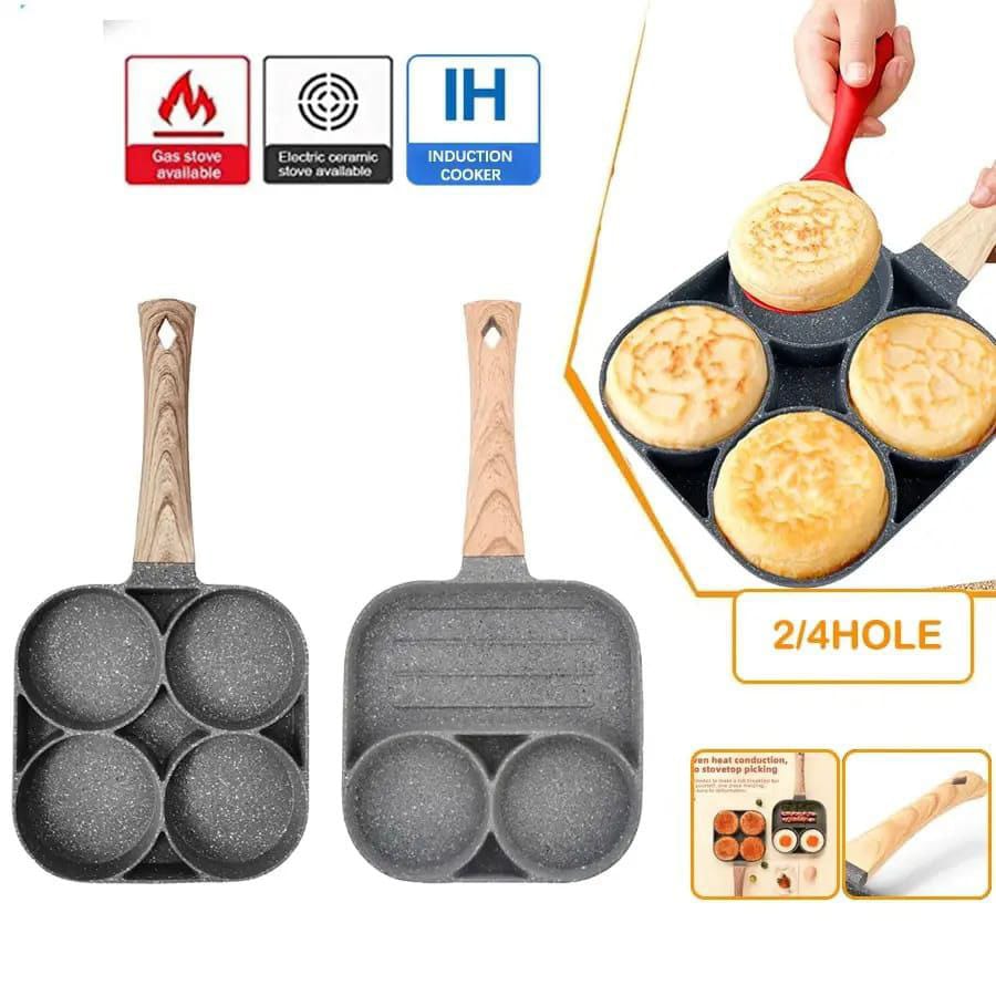 3 & 4 Hole Breakfast Pan Non Stick Frying Pan with Anti Scald Handle, Compatible with Gas & Induction Stoves