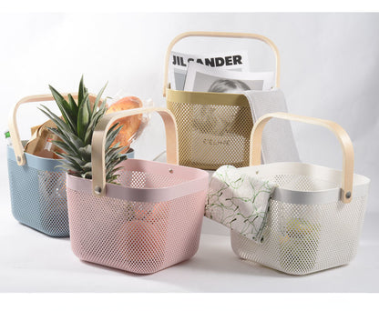 Portable Mesh Storage Basket with Bamboo Wooden Handle Durable Hard Plastic, 30x30x25cm, Available in White, Pink, and Blue