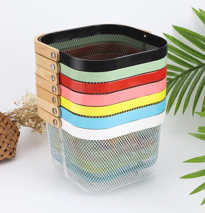 Portable Mesh Storage Basket with Bamboo Wooden Handle Durable Hard Plastic, 30x30x25cm, Available in White, Pink, and Blue