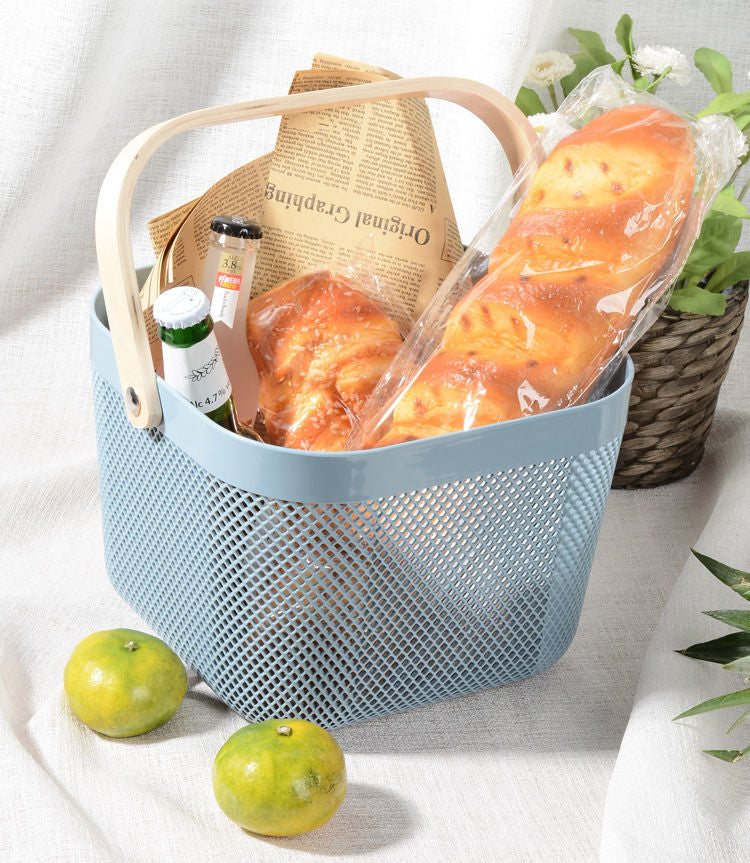 Portable Mesh Storage Basket with Bamboo Wooden Handle Durable Hard Plastic, 30x30x25cm, Available in White, Pink, and Blue