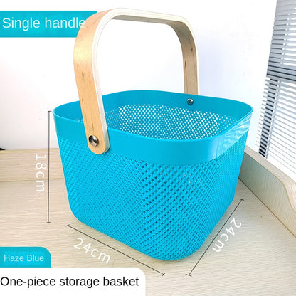 Portable Mesh Storage Basket with Bamboo Wooden Handle Durable Hard Plastic, 30x30x25cm, Available in White, Pink, and Blue