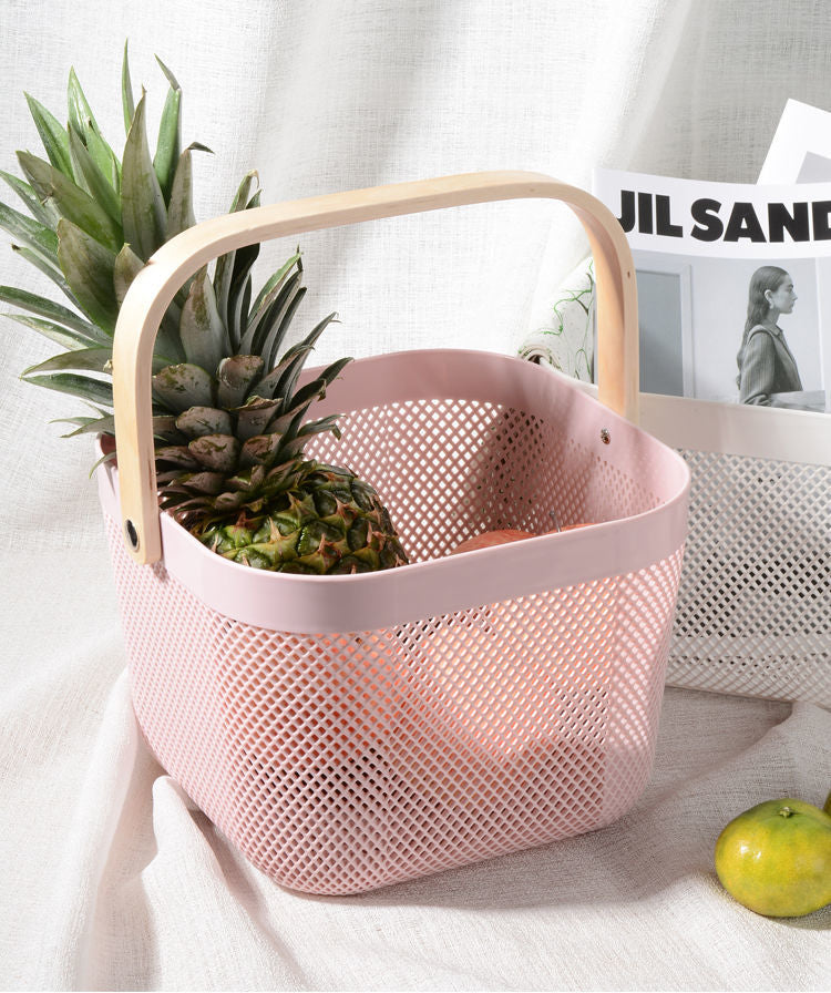 Portable Mesh Storage Basket with Bamboo Wooden Handle Durable Hard Plastic, 30x30x25cm, Available in White, Pink, and Blue