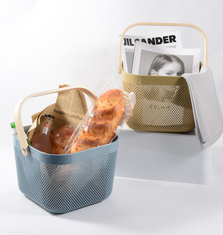 Portable Mesh Storage Basket with Bamboo Wooden Handle Durable Hard Plastic, 30x30x25cm, Available in White, Pink, and Blue