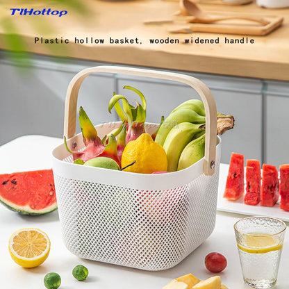 Portable Mesh Storage Basket with Bamboo Wooden Handle Durable Hard Plastic, 30x30x25cm, Available in White, Pink, and Blue