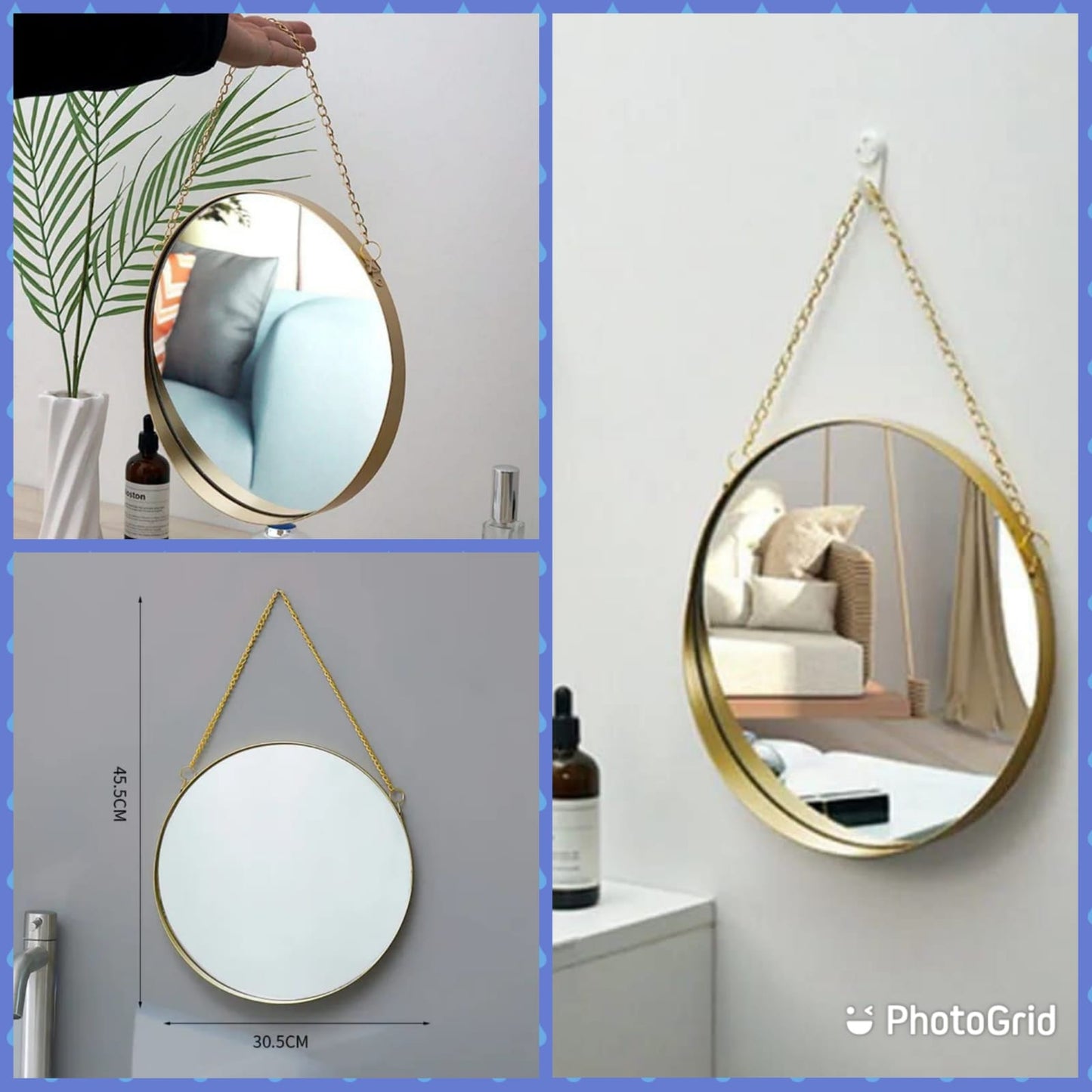 Decor Mirror with Hanger Chain – 30.5cm Diameter, Gold Frame