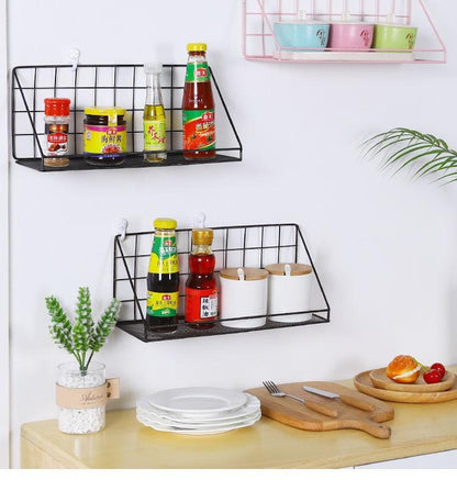 Creative Wall Shelves No Punch Metallic Wall Hanging Basket Storage Rack with Self Adhesive Stickers, Multipurpose Use