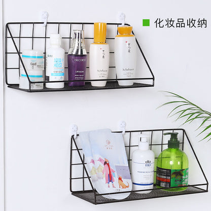 Creative Wall Shelves No Punch Metallic Wall Hanging Basket Storage Rack with Self Adhesive Stickers, Multipurpose Use