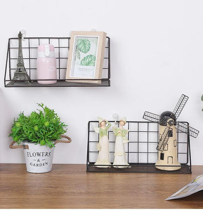 Creative Wall Shelves No Punch Metallic Wall Hanging Basket Storage Rack with Self Adhesive Stickers, Multipurpose Use