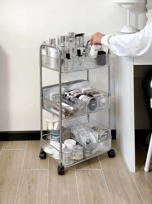 3 Layer Multipurpose Cosmetic Organizer with Wheels 360° Rotating Clear Rolling Storage Shelf