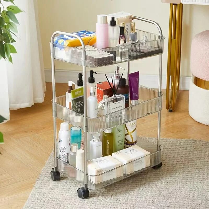 3 Layer Multipurpose Cosmetic Organizer with Wheels 360° Rotating Clear Rolling Storage Shelf