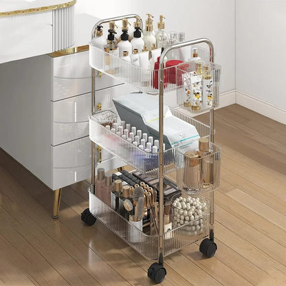 3 Layer Multipurpose Cosmetic Organizer with Wheels 360° Rotating Clear Rolling Storage Shelf