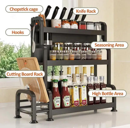 3 Tier Multifunctional Spice Rack Carbon Steel, 50x20x56cm, Black