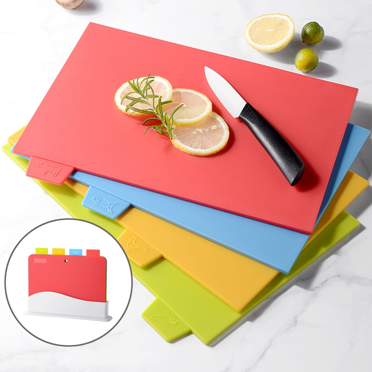 4 in 1 Durable Non Porous Plastic Chopping Board Set with Stand | Multipurpose Kitchen Cutting Boards