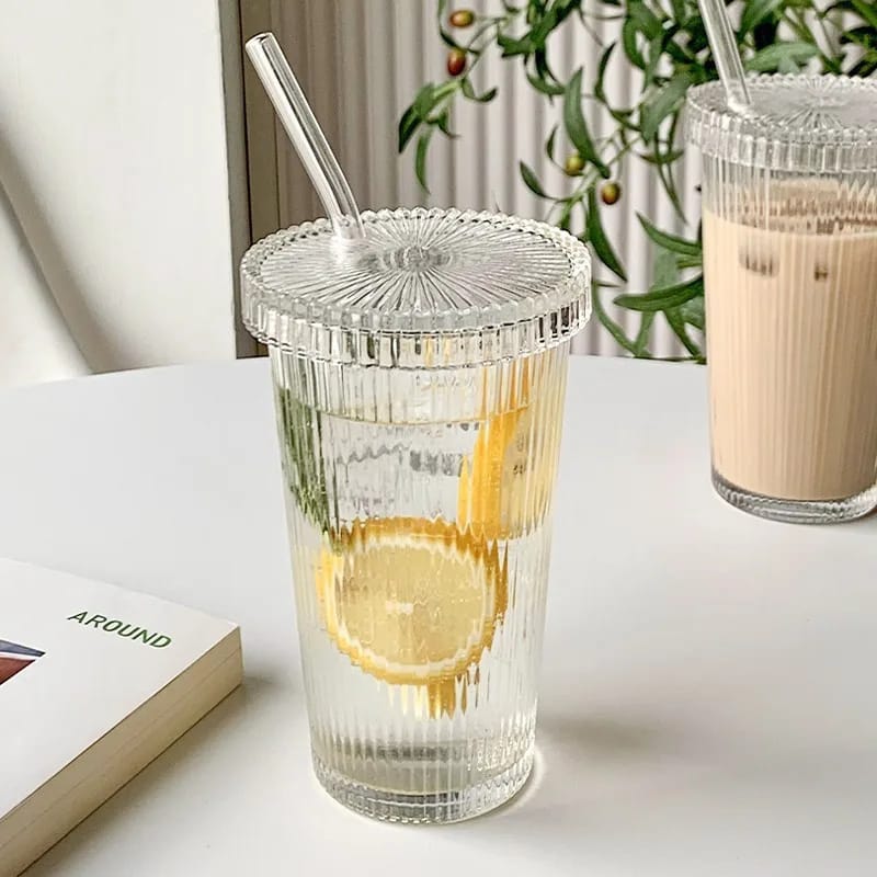 Ribbed Glass Cup with Straw 375ml Stylish Glass for Hot and Cold Drinks