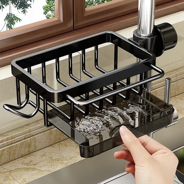 Kitchen Faucet Storage Sink Organizer |  Rust Free Aluminum Drain Rack, Sponge and Soap Holder, Dish Towel Rack (Grey, Black)