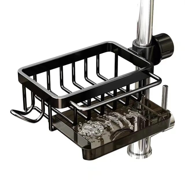 Kitchen Faucet Storage Sink Organizer |  Rust Free Aluminum Drain Rack, Sponge and Soap Holder, Dish Towel Rack (Grey, Black)