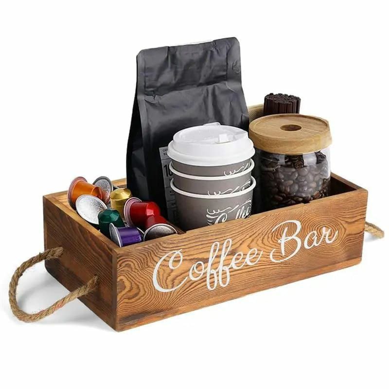 Wooden Coffee/Tea Organizer with 3 Removable Dividers | Eco-Friendly, Hand-Painted Coffee Bar Design