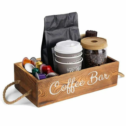 Wooden Coffee/Tea Organizer with 3 Removable Dividers | Eco-Friendly, Hand-Painted Coffee Bar Design