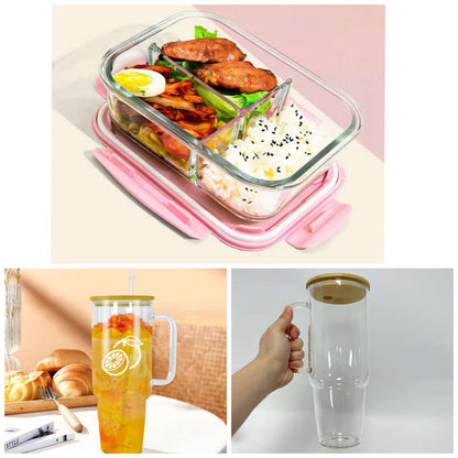 3 Grid Microwave Lunch Box (1400ml) + Borosilicate Glass Mug with Bamboo Lid & Straw