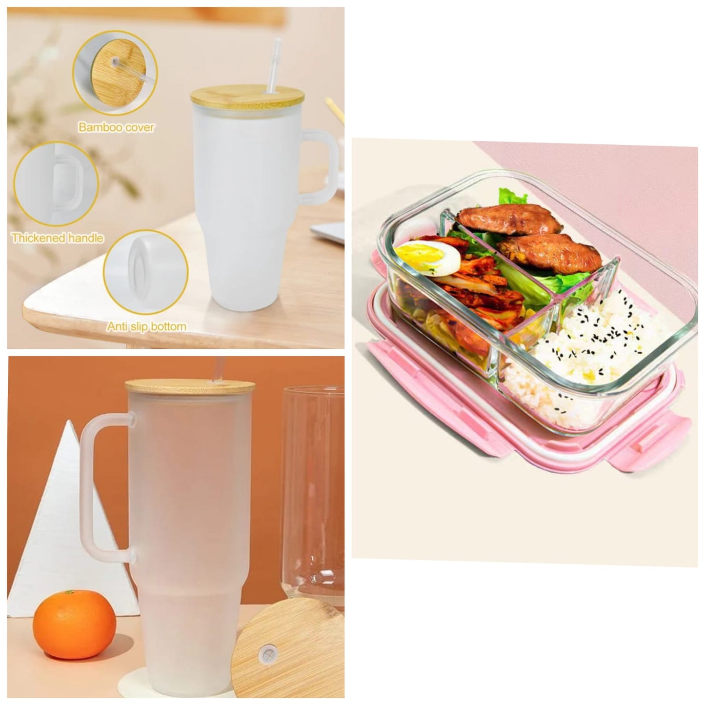 3 Grid Microwave Lunch Box (1400ml) + Borosilicate Glass Mug with Bamboo Lid & Straw