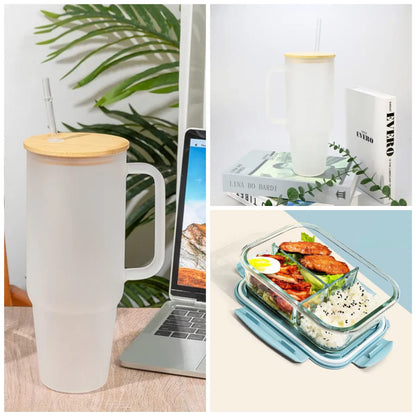 3 Grid Microwave Lunch Box (1400ml) + Borosilicate Glass Mug with Bamboo Lid & Straw