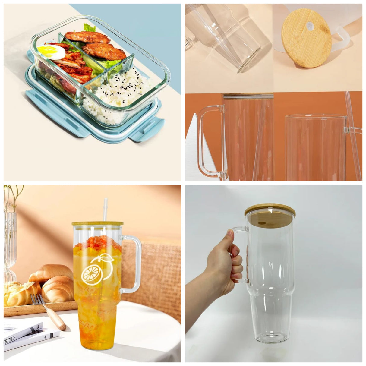 3 Grid Microwave Lunch Box (1400ml) + Borosilicate Glass Mug with Bamboo Lid & Straw