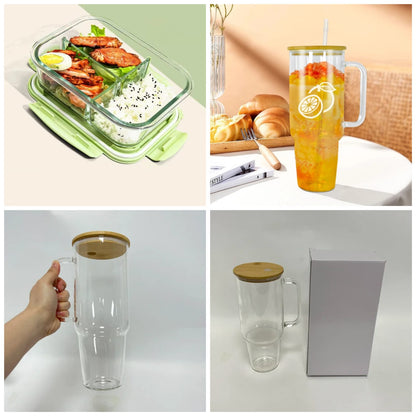 3 Grid Microwave Lunch Box (1400ml) + Borosilicate Glass Mug with Bamboo Lid & Straw