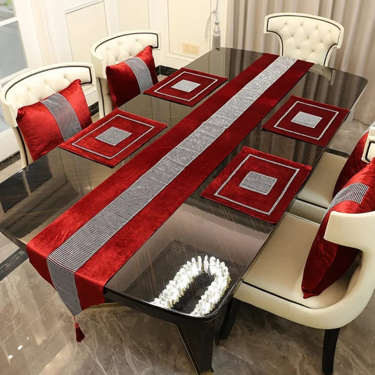 13 Piece Flannel Table Set | Table Runner, Mats & Cushion Covers (Maroon Red, Black, Grey, Beige)