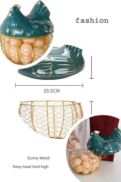 Egg Basket with Chicken Cover Steel Basket with Ceramic Chicken Top, 20cm Gold & Green.