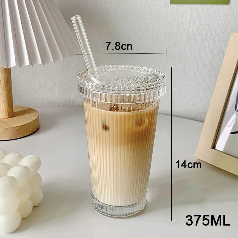 Ribbed Glass Cup with Straw 375ml Stylish Glass for Hot and Cold Drinks