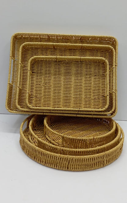 3 in 1 Rattan Trays Set of 3 – Woven Oval and Rectangular Decorative Trays for Rustic Breakfast, Drinks, Snack, and Bread Serving